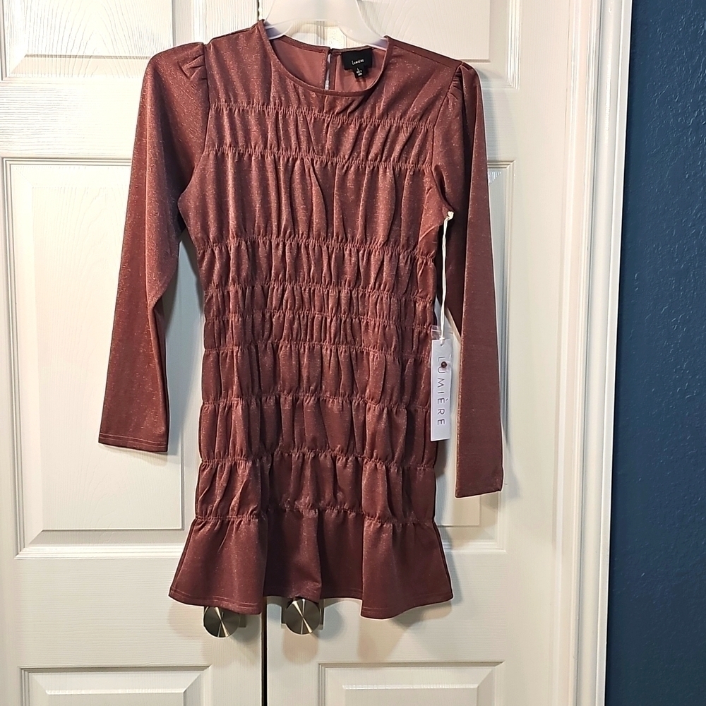 NWT Lumiere Metallic Long Sleeved Shirred Minidress Shimmery Sparkly Mauve Large - Picture 8 of 13